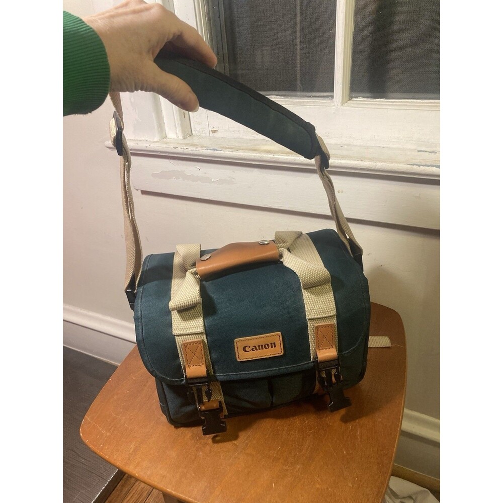 Vintage Retro Canon DSLR Green Canvas Camera Shoulder Bag  Padded Case W/ Strap